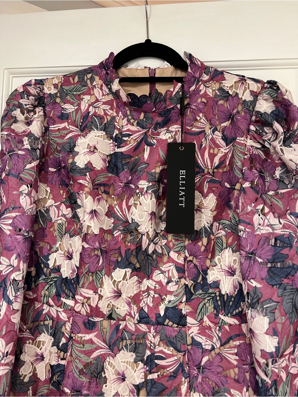 NWT ELLIATT BASTA Long Sleeve, High Collar, Floral, Mini Dress. Rich Purple. Med - Picture 7 of 10